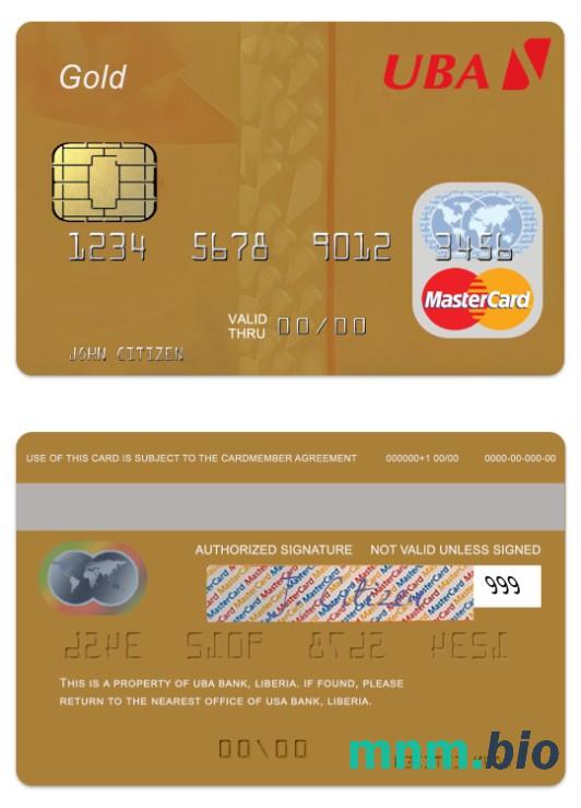 Liberia UBA Bank złoto debet przykład karty mastercard w formacie PSD